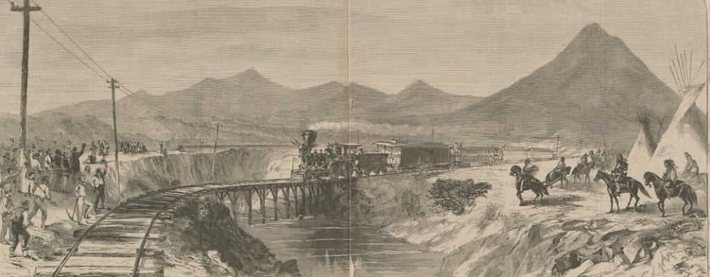 Completion of the Pacific Railroad, May 10, 1869 — THE GREAT LINK CONNECTING EUROPE WITH ASIA ACROSS THE AMERICAN CONTINENT (Harpers Weekly, via Calisphere)